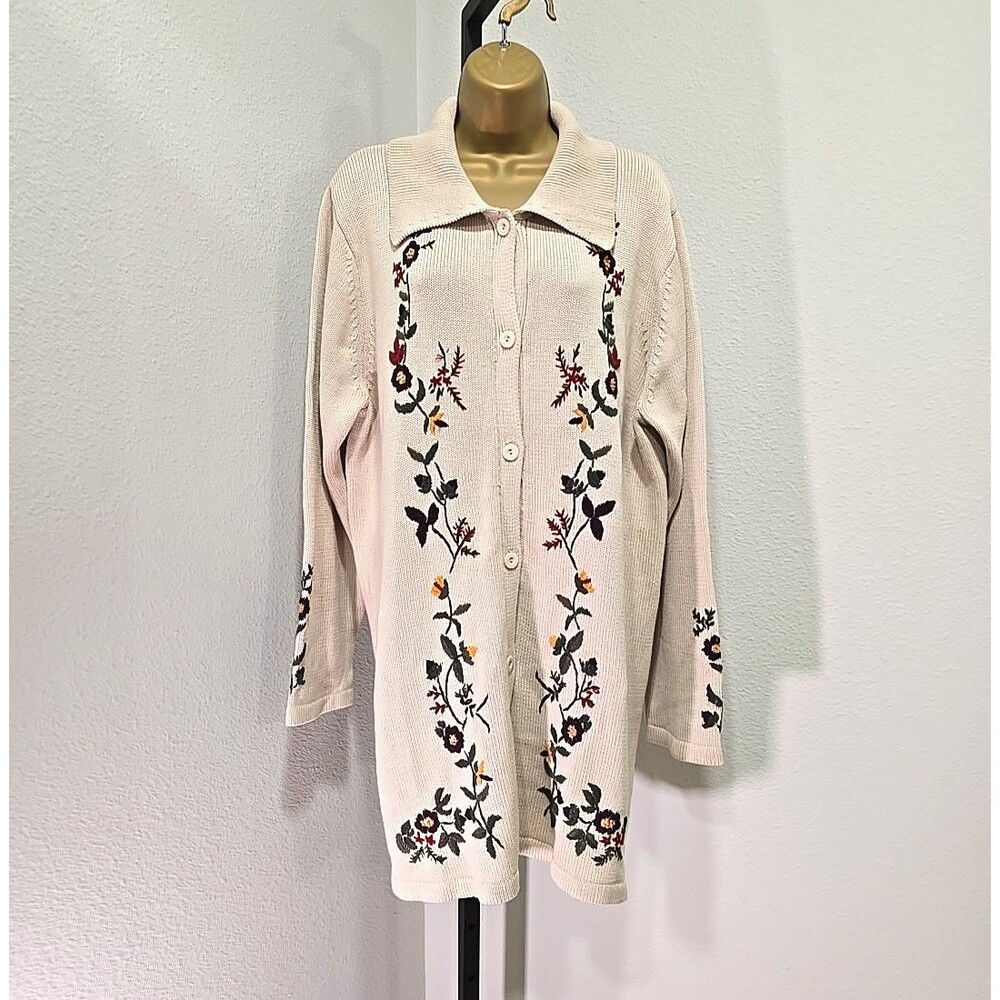 Susan Graver Cream Floral Embroidered Long Cardigan Knit Duster XL Cottagecore
